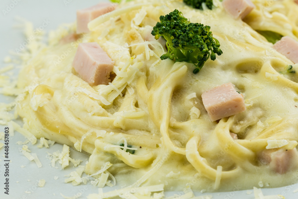 Delicious Fettuccine with white sauce, broccoli, turkey breast cubes and grated cheese. Selective focus.