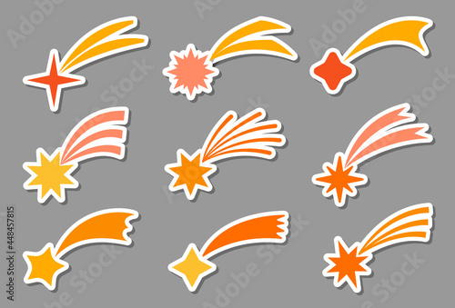 Comet sticker label flat style set. Celestial element object rising stars with tail collection. For design and decorating chidren room, for logo, app and web. Vector cartoon illustration