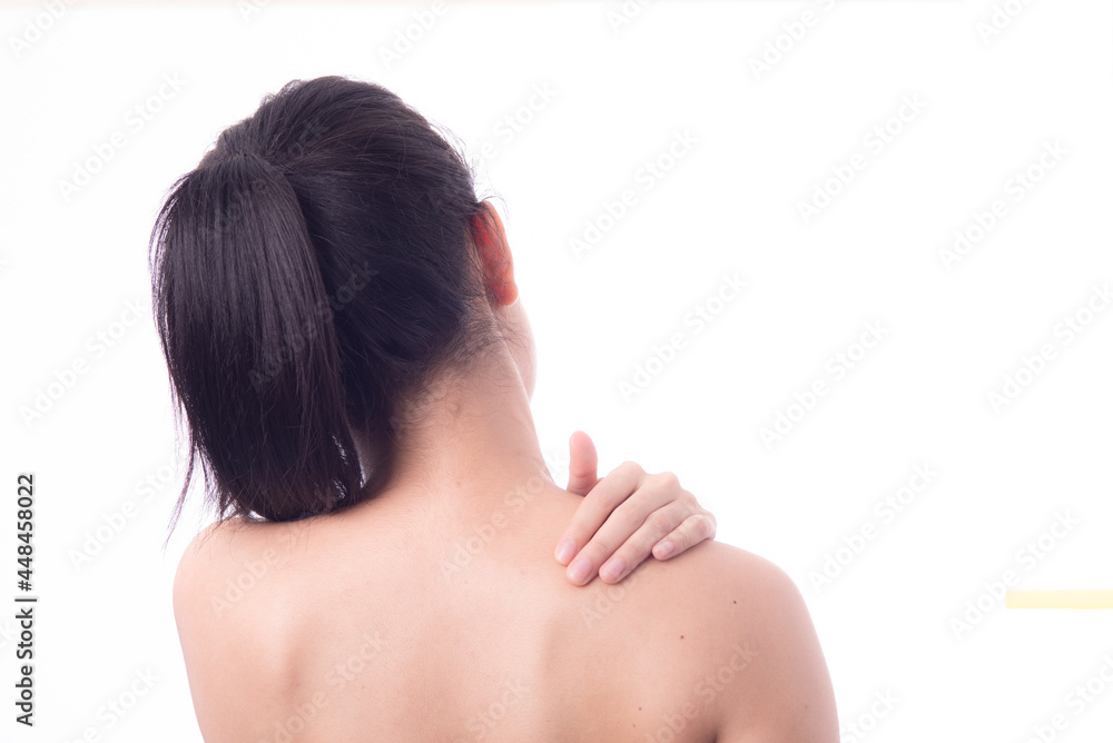 Asian woman with shoulder pain. woman is enduring awful ache. shoulder pain from sports. Young lady with shoulder pain Asian woman with shoulder pain. woman is enduring awful ache. shoulder pain from sports. Young lady with shoulder pain