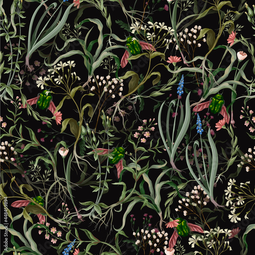 Seamless pattern with wild thin flowers and insects. Trendy botanical print.