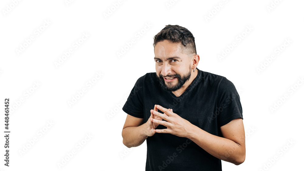 man in black shirt making devilish gesture on white background man in black shirt making devilish gesture on white background