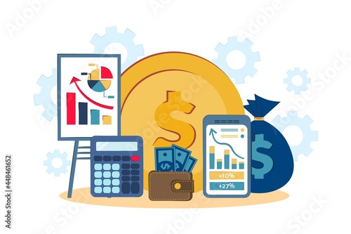 Concept of the tax calculating and financial statistics. Statistics, calculation of the financial risk graph. Vector illustration. financial management