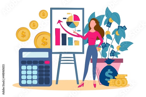 Concept of the tax calculating and financial statistics. Statistics, calculation of the financial risk graph. Vector illustration. financial management