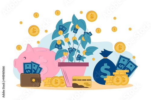 money tree and its fruits. Types of money storage. Vector flat illustration. Financial success. 