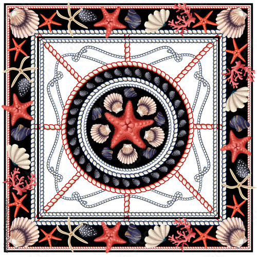 Design scarf with starfishes, shells and rope. Vector trendy print.