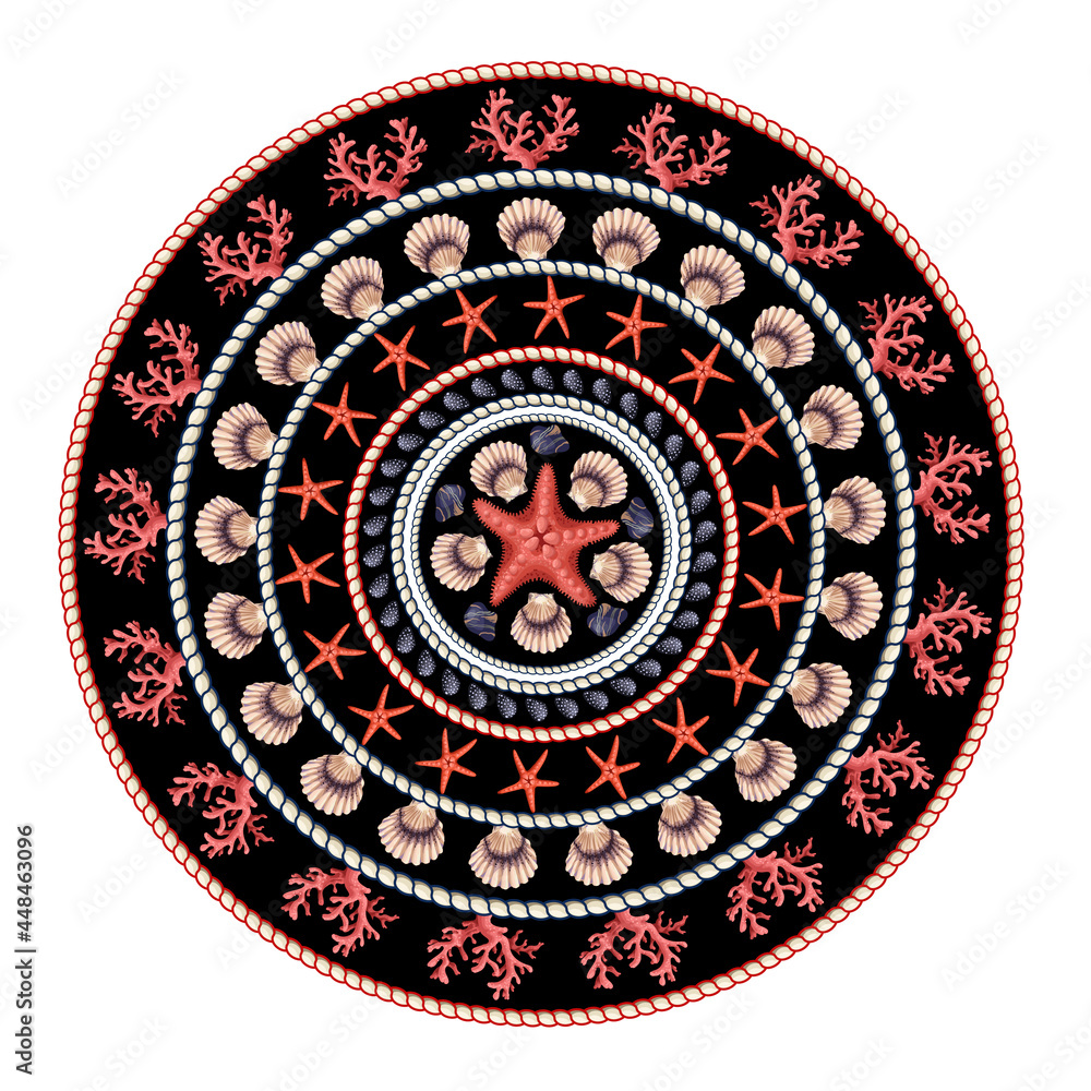 Design rounded scarf with starfishes, shells and rope. Vector trendy print. Design rounded scarf with starfishes, shells and rope. Vector trendy print.