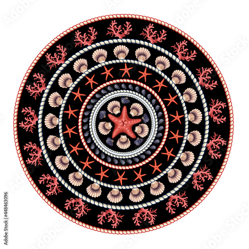 Design rounded scarf with starfishes, shells and rope. Vector trendy print.