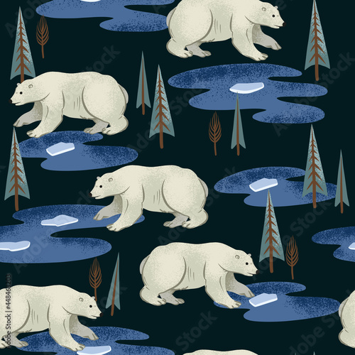 Seamless pattern with white arctic bears. Trendy Christmas print.