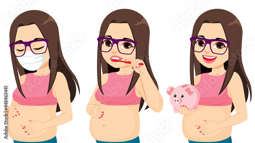Pregnant woman with glasses in different actions touching belly wearing white medical mask, washing teeth and holding piggy bank