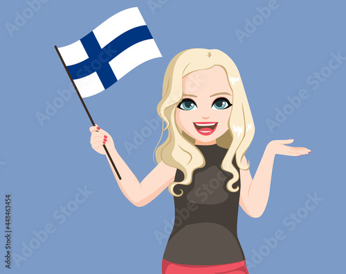 Young confident Finish woman with long blonde hair holding Finland flag in casual clothes making showing hand gesture