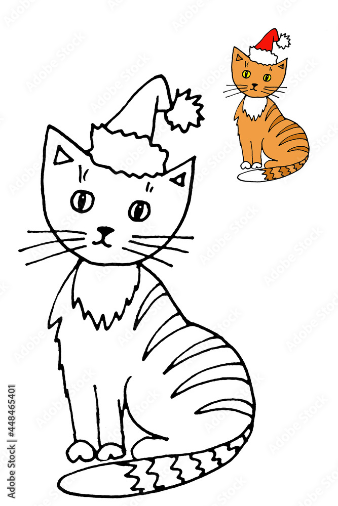 Cat in Santa cap coloring page on a white background with a color sample