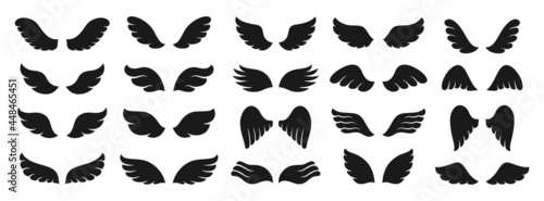 Wings icon black simple set. Sign design elements. Winged logo silhouette, angel or feather bird two wing. Modern minimalistic icons abstract vector