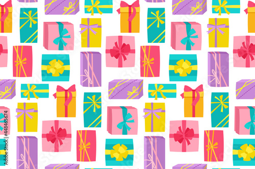 Gift Box with Ribbon  birthday seamless pattern. Wallpaper present holiday  anniversary surprise gift fabric texture. Scrapbook shopping for Birthday Party  Christmas or Wedding paper clip art