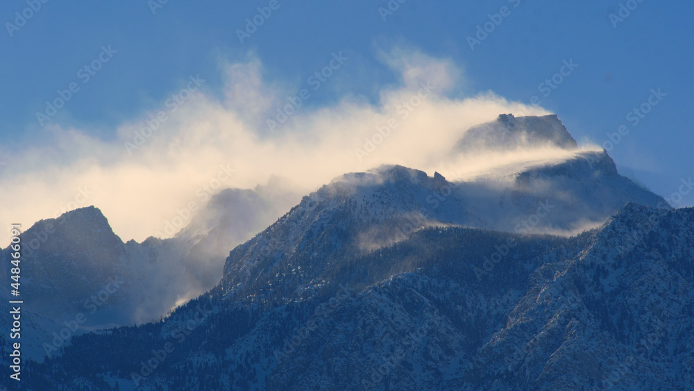 Snow and Wind on mountain peaks, Lone Pine Desert, California