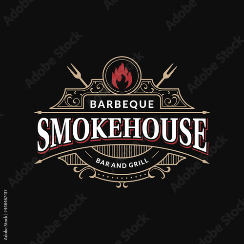 Smokehouse barbeque restaurant bar and grill vintage ornate frame logo