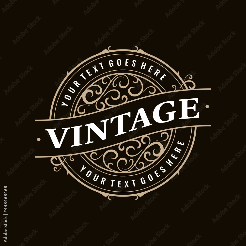 Vintage retro classic circular antique stamp label round badge logo with ornate frame for your business, shop sign, label, whiskey, rum, beer, scotch, vodka, cognac, bakery etc