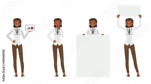 Businesswoman working in office character vector design. Presentation in various action.