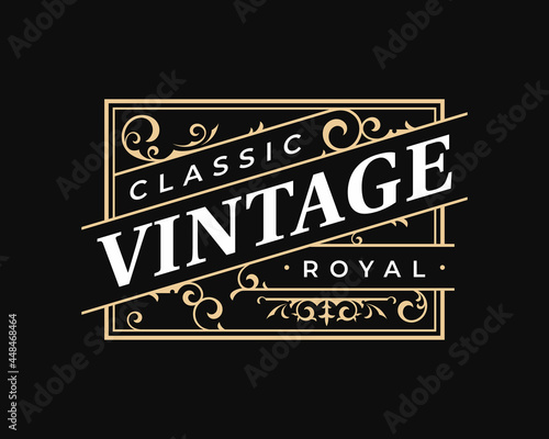 Vintage ornate antique rectangular elegant luxury typographic victorian style logo for your business, shop sign, label, whiskey, rum, beer, scotch, vodka, cognac, bakery etc