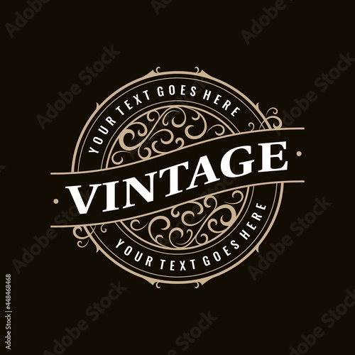 Vintage retro classic circular antique stamp label round badge logo with ornate frame for your business, shop sign, label, whiskey, rum, beer, scotch, vodka, cognac, bakery etc
