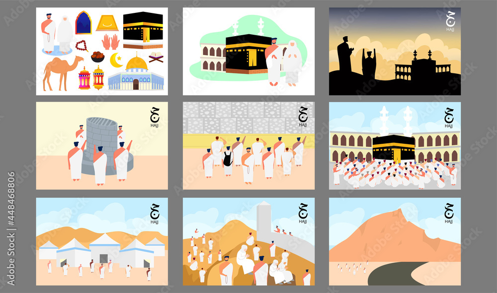 Set of Bundles Islam's pilgrimage  Vector illustration in a flat style. Set bundle of Muslim couple is doing Islamic hajj pilgrimage. 