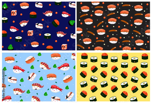 Set Of Sushi Pattern background. Hand drawn various kawaii sushi. 4 pattern style background photo