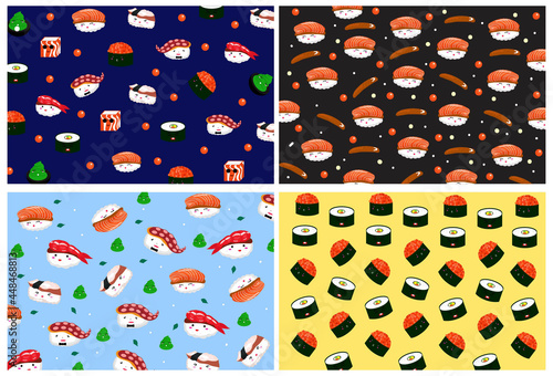 Set Of Sushi Pattern background. Hand drawn various kawaii sushi. 4 pattern style background