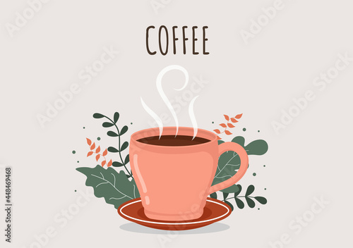 Coffee Cup Background Vector Flat Illustration With Cacao Beans, Grains and Jug. Suitable For Cold Or Hot Drinks