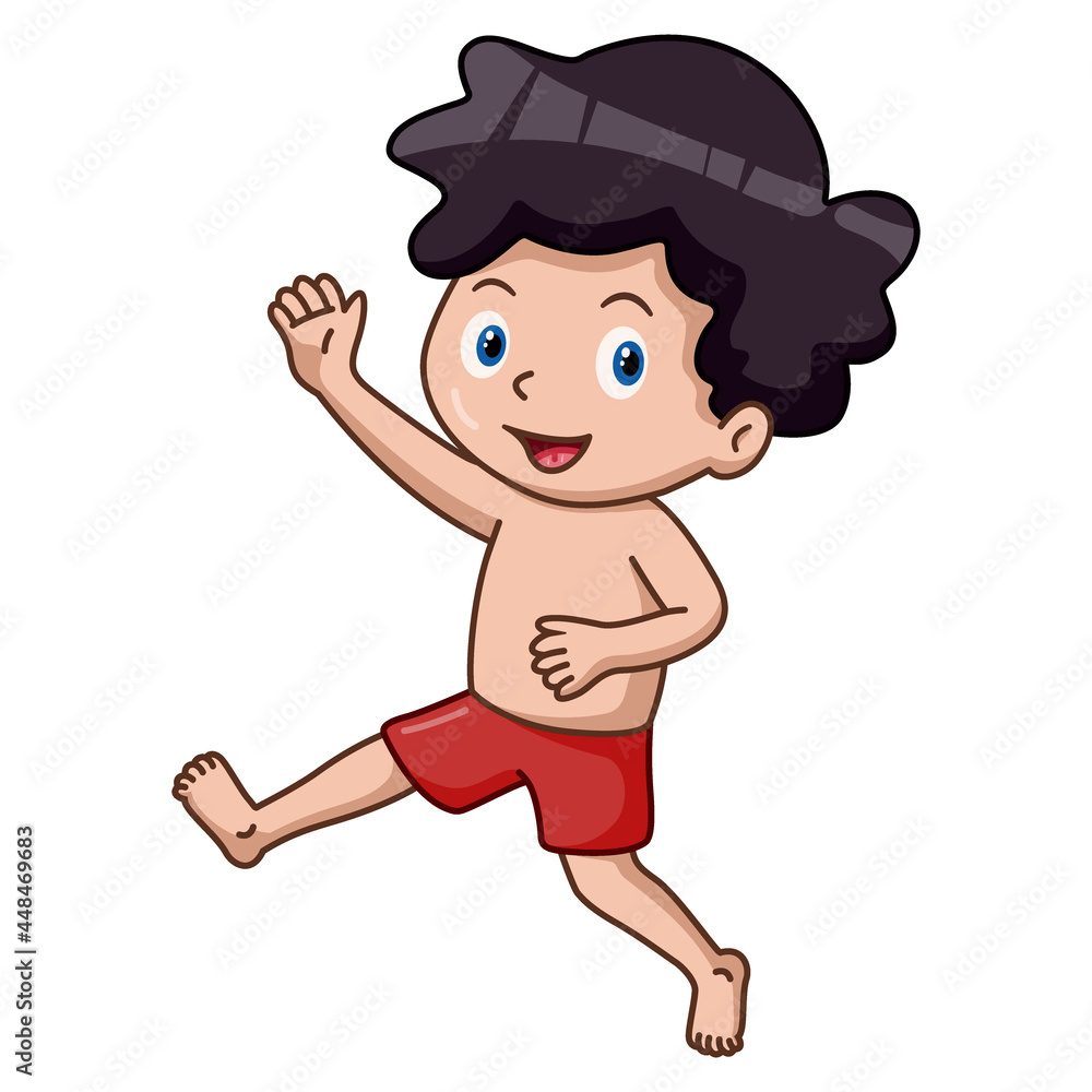 Cute little boy cartoon in swimsuit waving hand Cute little boy cartoon in swimsuit waving hand