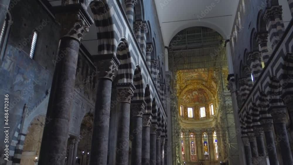 Panoramic view of the heart of a church or cathedral from the nave, with golden paintings Panoramic view of the heart of a church or cathedral from the nave, with golden paintings