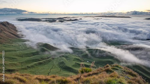 Sunrise and morning fog, Te Mata Peak, Hawke's Bay, New Zealand photo