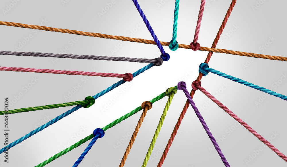 Success business arrow connection as diverse ropes united together to form a shape of positive diversity achievement. - obrazy, fototapety, plakaty 