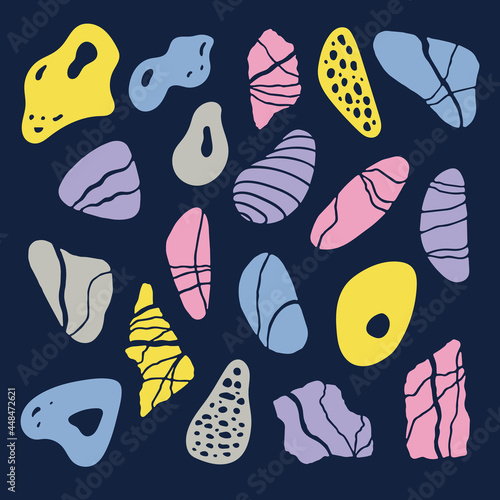 Summer time graphic. Set of silhouettes os sea stones for design. Flat vector illustration with isolated marine objects