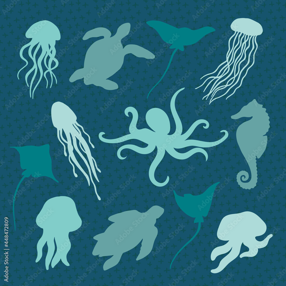 Fototapeta Summer time graphic. Underwater set of silhouettes for design. Flat vector illustration with isolated marine objects. Jellyfish, stingrays, turtles, octopus, seahorse