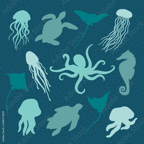 Summer time graphic. Underwater set of silhouettes for design. Flat vector illustration with isolated marine objects. Jellyfish, stingrays, turtles, octopus, seahorse