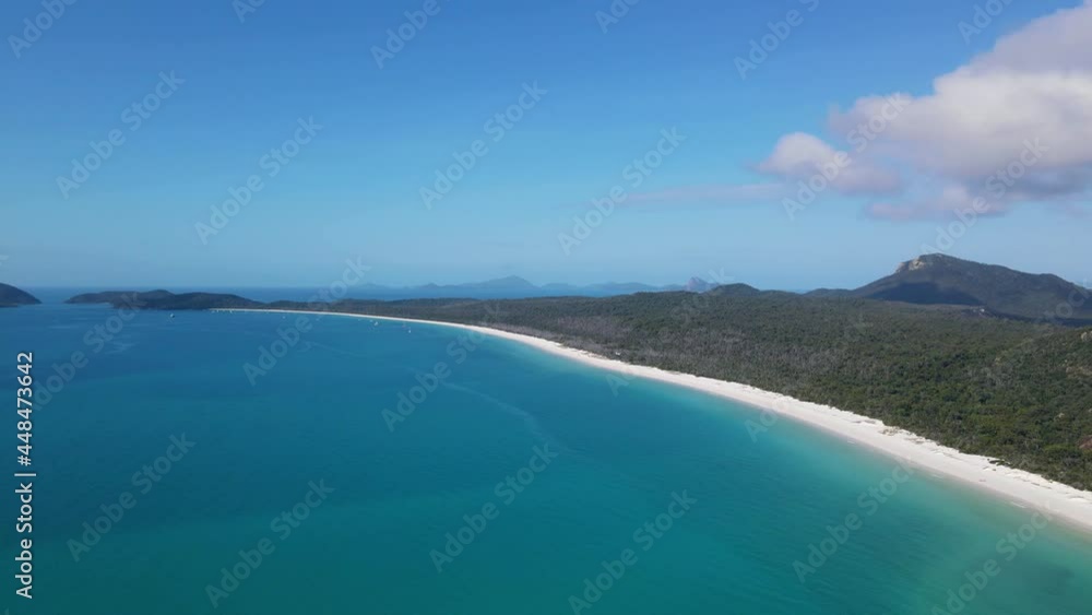 Pristine Beach With Turquoise-hued Water And White Silica Sand. Whitehaven Beach On Whitsunday Island, Great Barrier Reef, Australia. aerial Pristine Beach With Turquoise-hued Water And White Silica Sand. Whitehaven Beach On Whitsunday Island, Great Barrier Reef, Australia. aerial