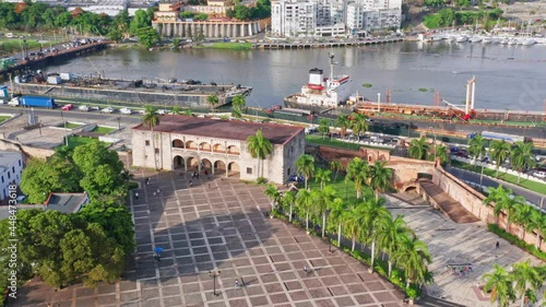 Plaza de Espana Near Avenida Del Puerto On The Embankment Of Ozama River In Zona Colonial, Santo Domingo, Dominican Republic. aerial photo