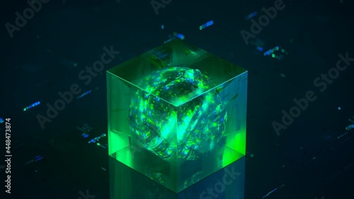 Glass cube with glowing green floating sphere. Futuristic biotech design. 3D render illustration