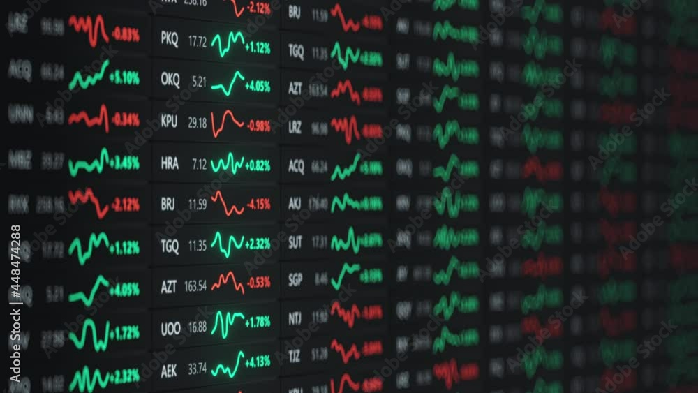 Fictional stock exchange tickers on trading board. Seamless loop 3D