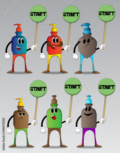 Cartoon bottle of hand sanitizer gel for hygiene with face holding start sign.