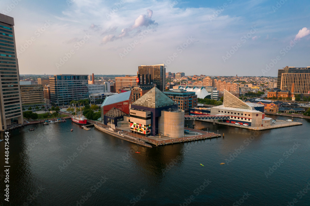 Aerial View of Baltimore City Inner Harbor at Sunset