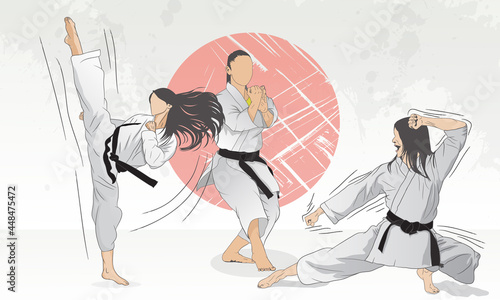 A set of girls engaged in karate. Abstract background