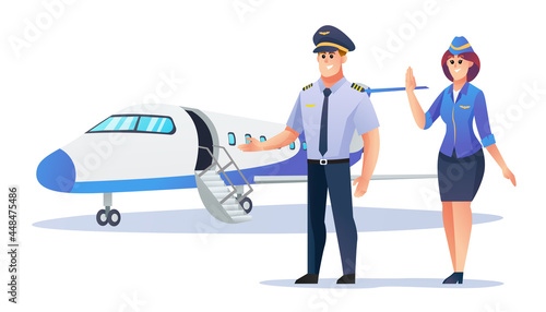 Pilot and stewardess with airplane cartoon illustration