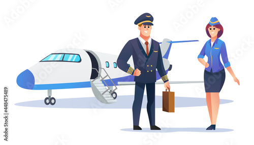 Pilot and stewardess characters with airplane