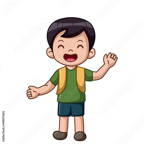 Cute school boy cartoon waving hand