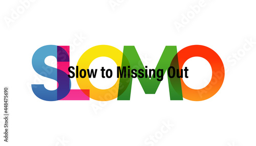 FOMO word vector illustration. Slow To Missing Out. Colored rainbow text. Vector banner. Corporate concept. Gradient Text. Transparency Letters. Vector illustration