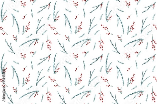 Minimalistic and delicate seamless pattern with spruce (fir) and ilex branches. For wrapping paper, gift bags and festive decor for the new year 2022. Watercolor.