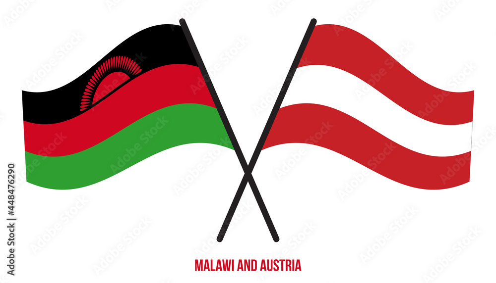 Malawi and Austria Flags Crossed And Waving Flat Style. Official Proportion. Correct Colors. Malawi and Austria Flags Crossed And Waving Flat Style. Official Proportion. Correct Colors.