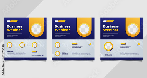 Set of business webinar social media post templates on blue and white background and circle frame