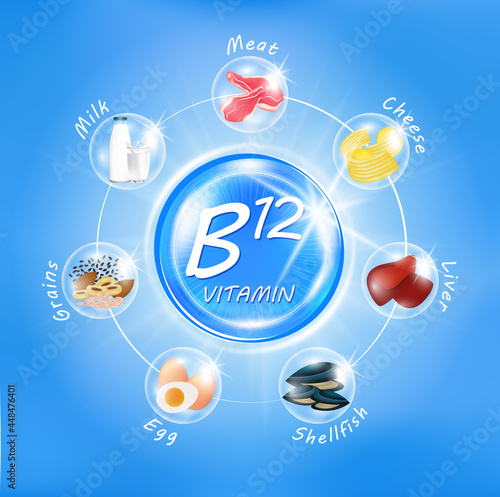 Vitamin B12 icon shining blue. Vitamin complex with Chemical formula. Fruits and vegetables that neutralize free radicals. Health care and beauty treatment nutrition skin care design. 3d Vector EPS10.