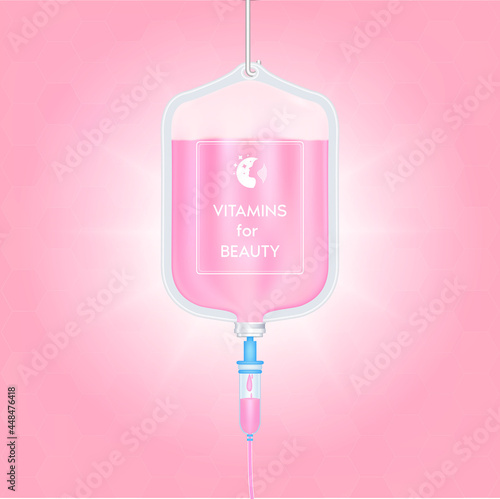 Saline bag Vitamin for beauty pink. Keep the skin young and moisturized. Female beauty cosmetics. Medical concepts and health supplements. Realistic 3D Vector illustration.